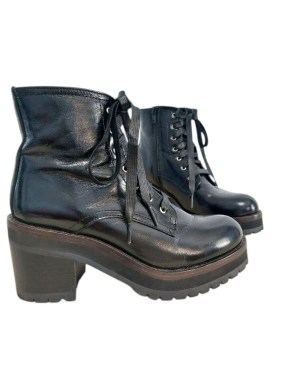 Steve Madden Black Leather Boots 8.5 Mid Calf Combat Lug Sole Shiny Zipper Laces